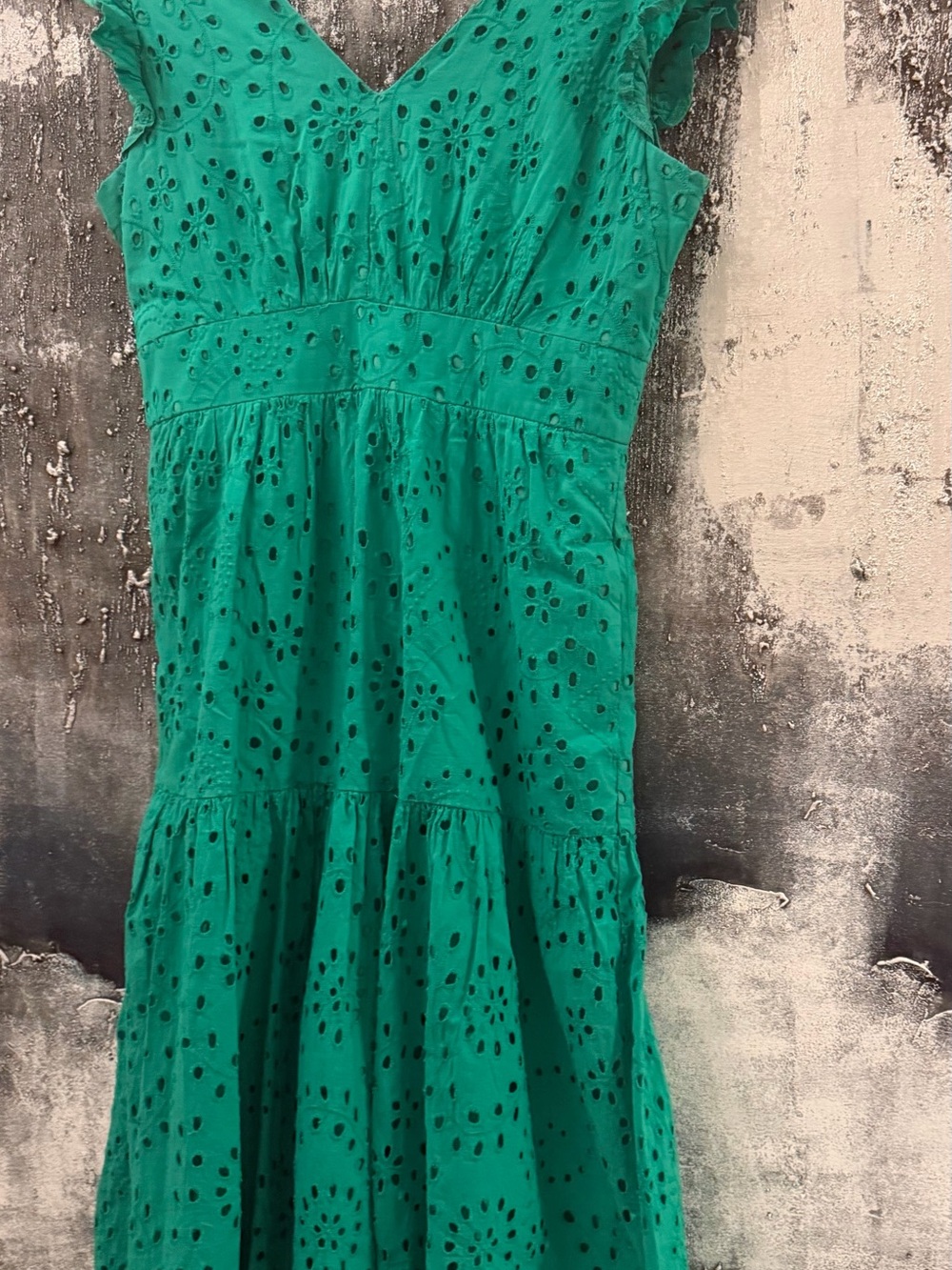 Maggy London Green Eyelet Tiered Midi Dress, Size 10